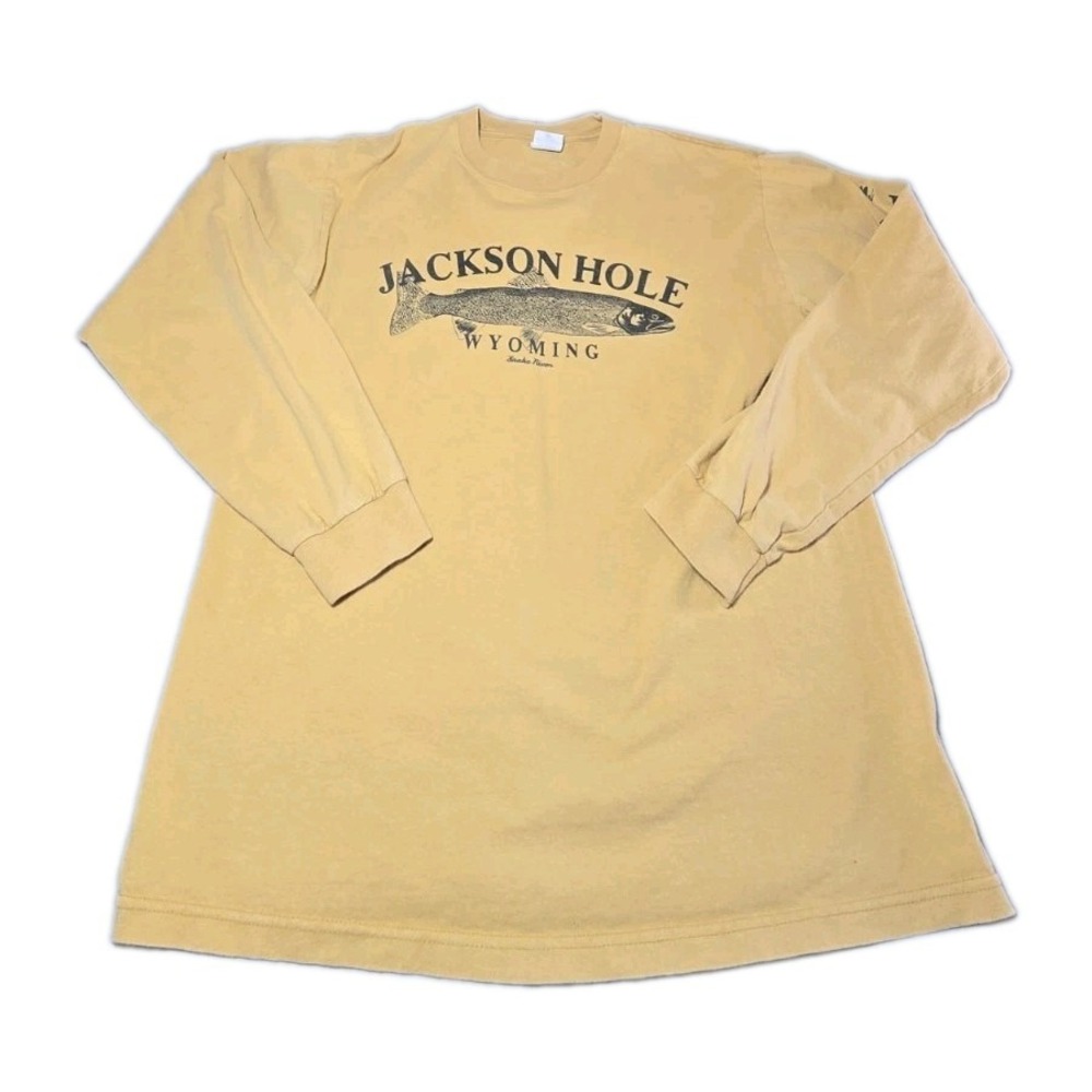 Vtg Anvil Jackson Hole Wyoming Shirt Mens Medium M Fish Fly Fishing Long Sleeve